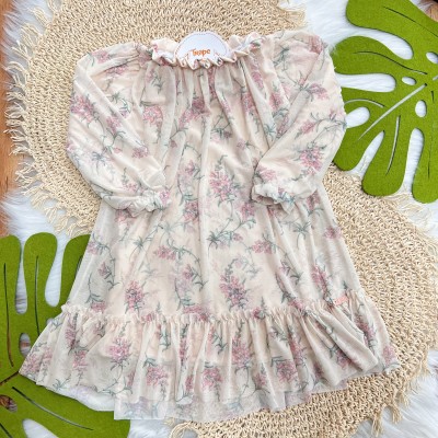 Vestido Manga Longa Floral Estilo Vintage- Off White e Rose
